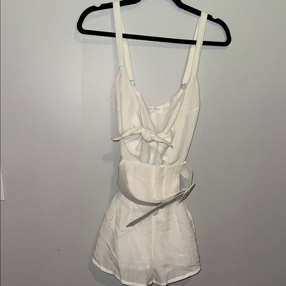 Native Daughter White Tie Front Romper with Belt Detail